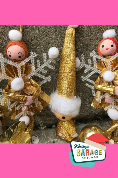 Vintage Christmas at Vintage Garage Chicago. Vintage Kitschmas golden snow angel ornament modernist ornaments gold Christmas
