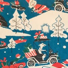 Vintage gift wrapping Santa with a dog driving a car with presents. Red convertible.