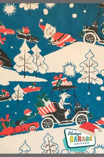 Vintage Christmas gift wrapping paper along with vintage Christmas cards..